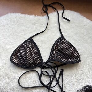 Black Mesh Triangle Bikini Top Tan Lining Halter Tie Swimwear